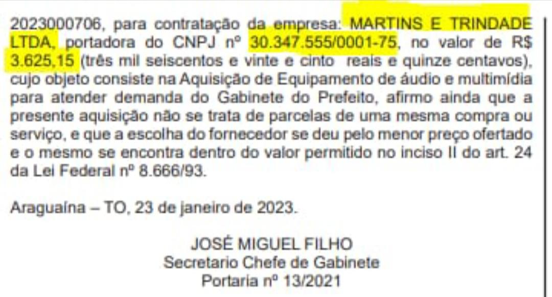 Empresa de servidor público lotado no gabinete de prefeito, realizou vendas a prefeitura de Araguaína
