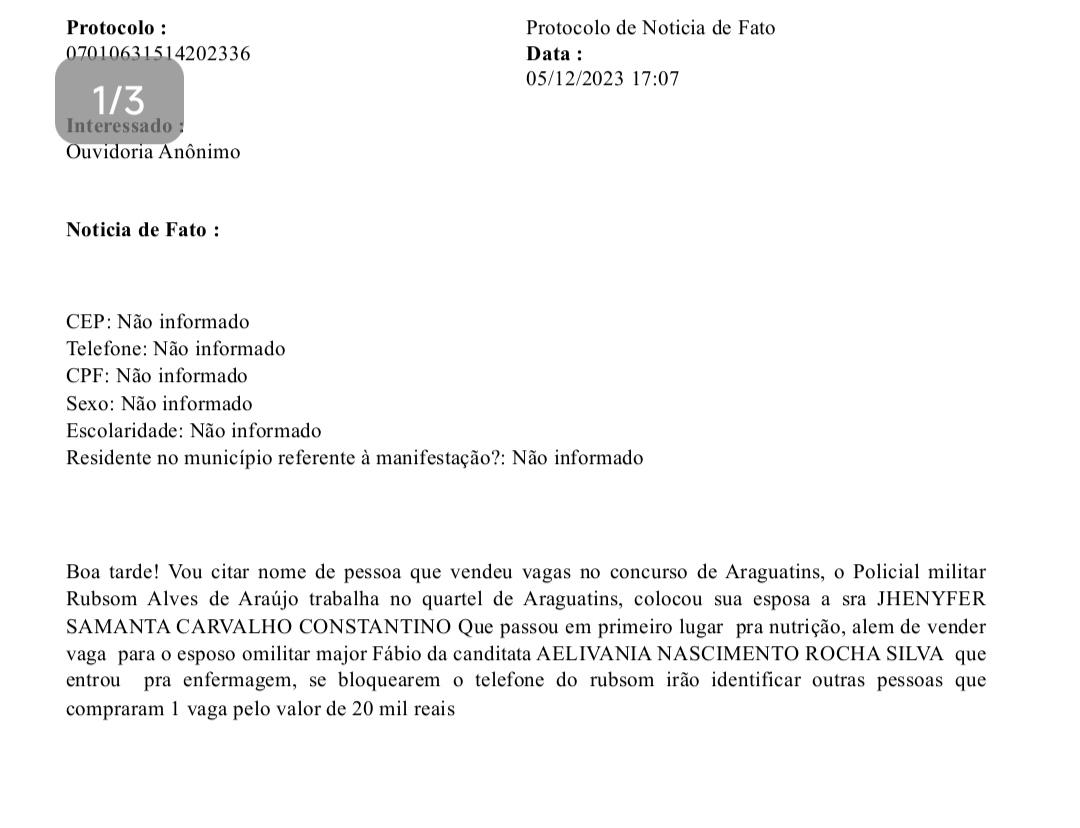 Denuncia feita ao MPTO cita nome de militares envolvidos em compra e venda de vagas no concurso de Araguatins